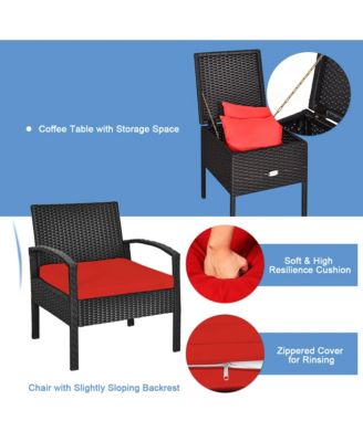 3 Piece Outdoor Rattan Conversation Furniture Set w/  Cushion & Storage Table
