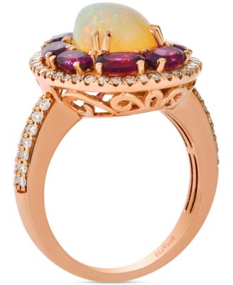 Neopolitan Opal (1-1/2 ct. t.w.), Raspberry Rhodolite (2-3/8 ct. t.w.) & Nude Diamond (1/2 ct. t.w.) Pear Halo Ring in 14k Rose Gold