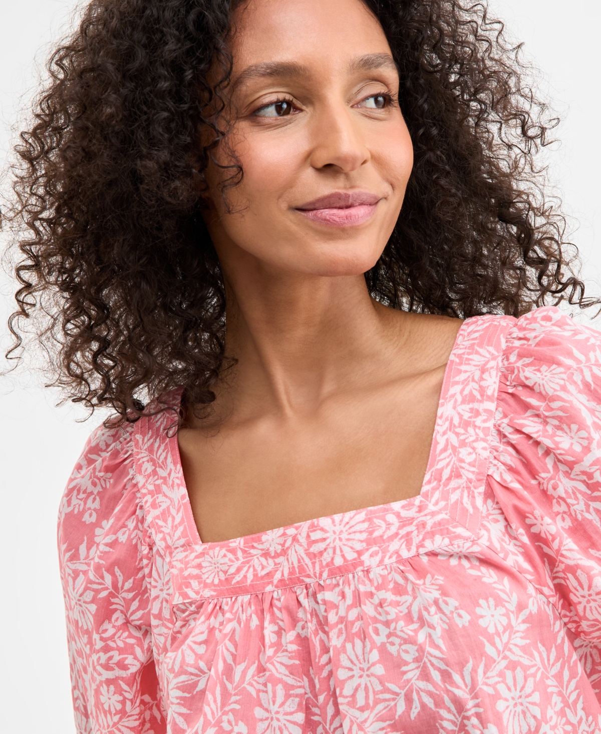 Style & Co Petite Floral Cotton Square-neck Top, Exclusively At Macy's In Pink