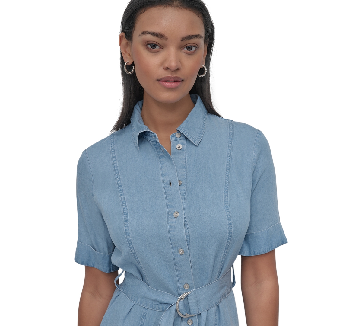 DKNY JEANS WOMEN'S CHAMBRAY BELTED MIDI DRESS 