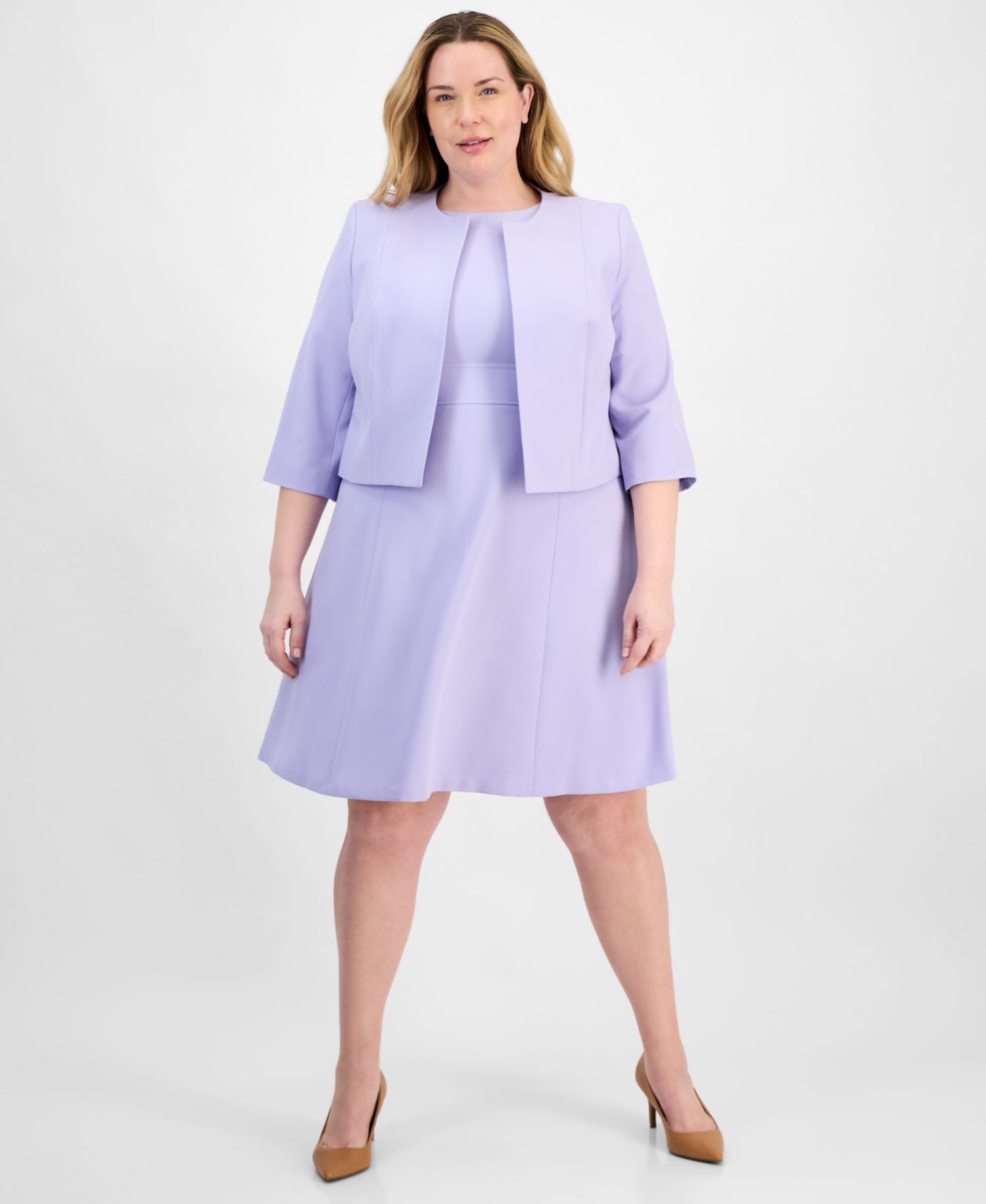 Plus Size Collarless Open-Front Bolero & Scoop-Neck Sleeveless Fit & Flare 2 Piece Dress Suit