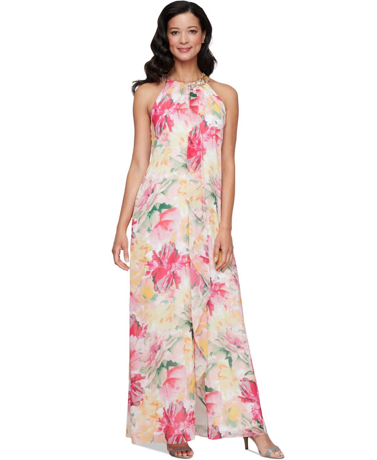 Shop Sl Fashions Petite Beaded Halter Ruffled Chiffon Gown In Pink Multi