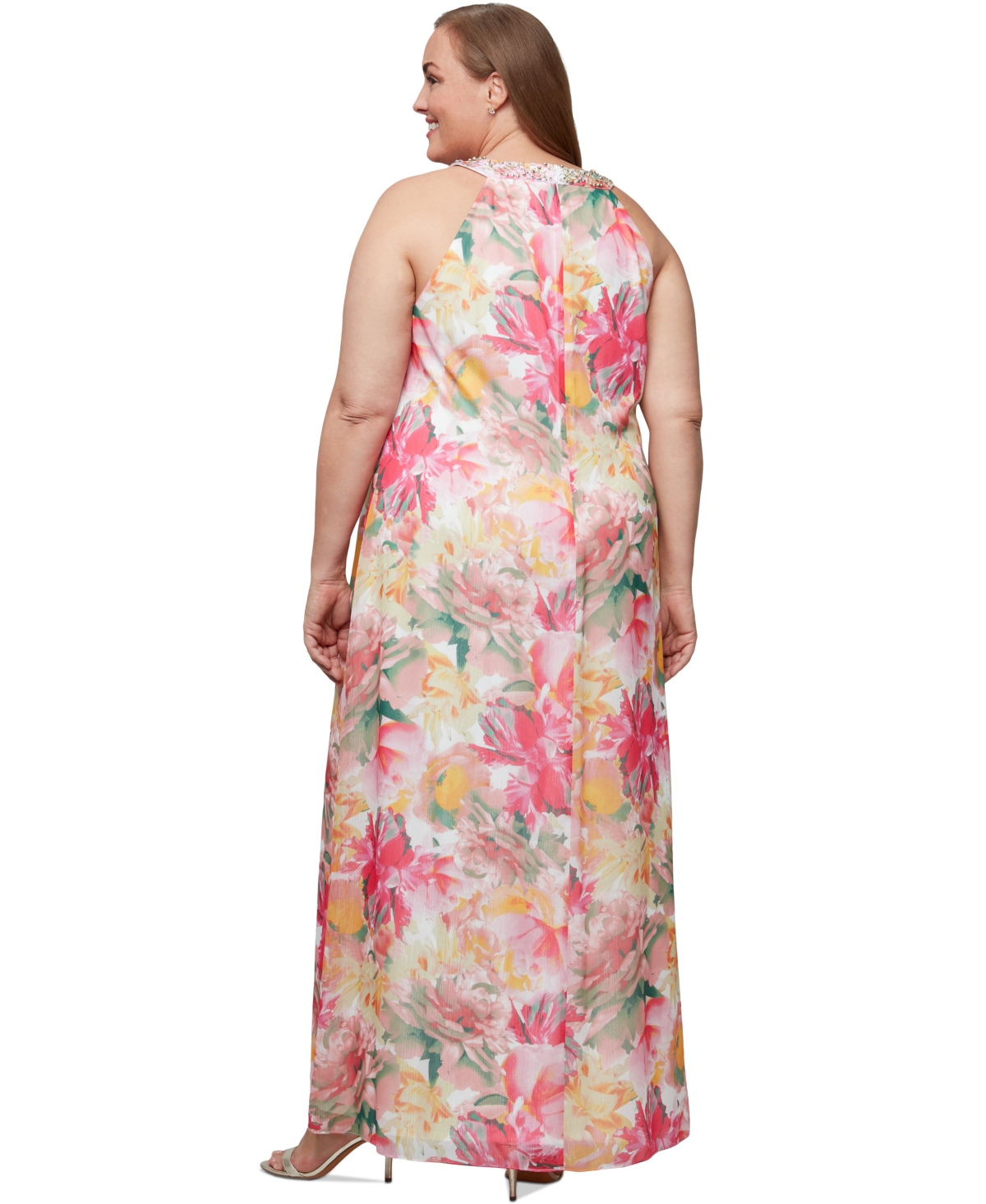 Sl Fashions Plus Size Beaded Halter Ruffled Chiffon Gown In Pink Multi