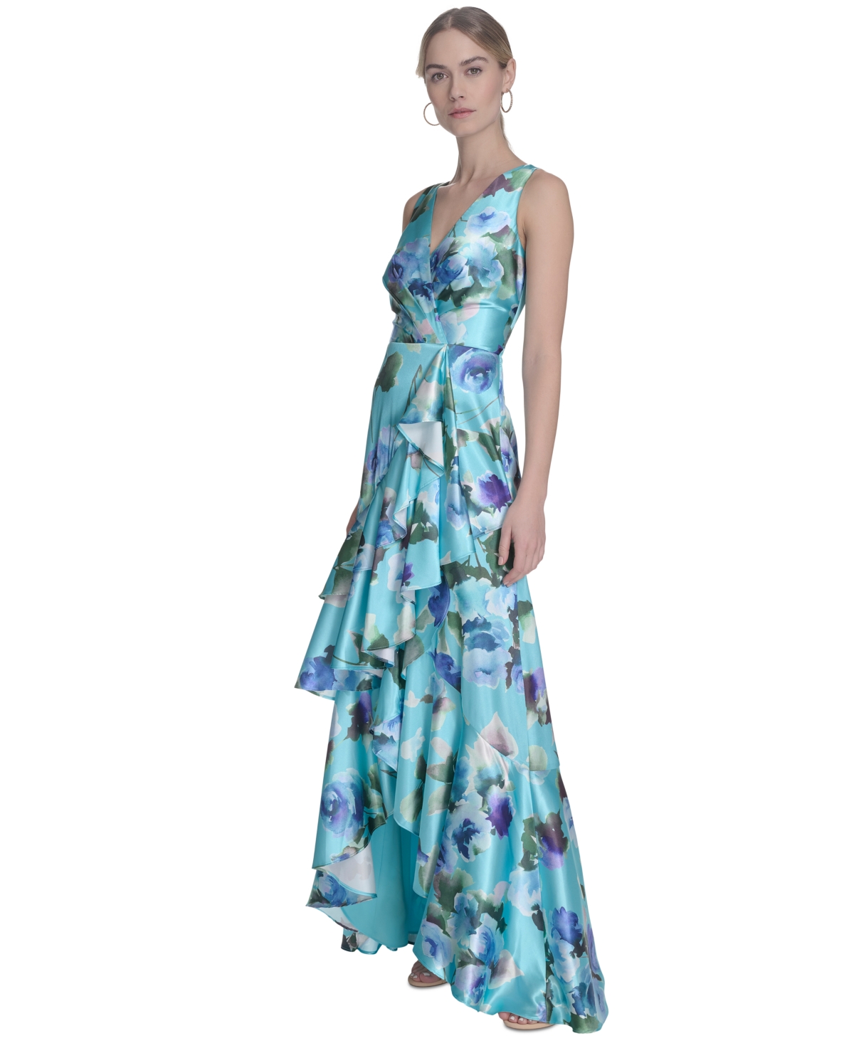 ELIZA J WOMEN'S FLORAL-PRINT SATIN WRAP-STYLE GOWN 