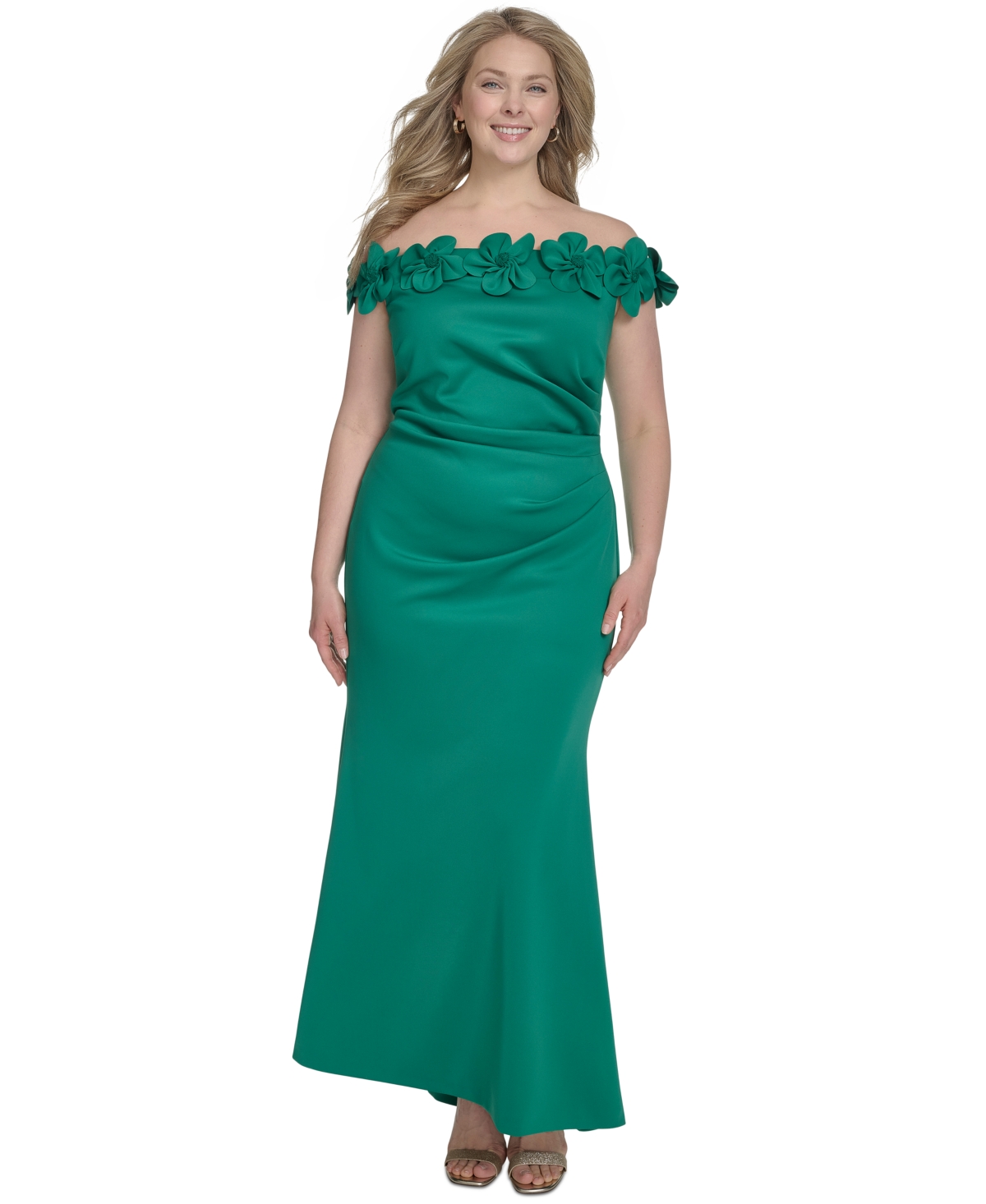 ELIZA J PLUS SIZE 3D FLORAL OFF-THE-SHOULDER GOWN 