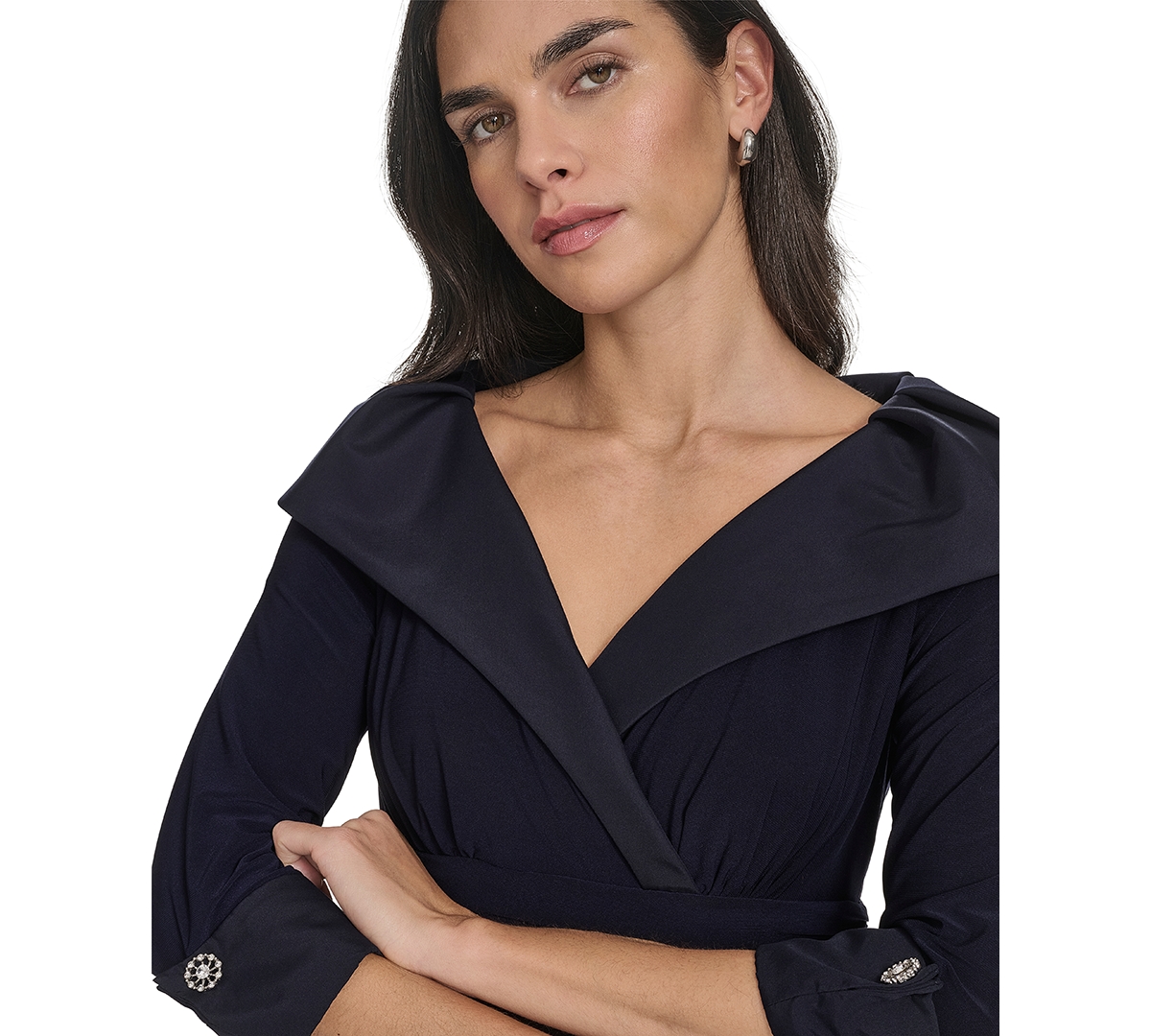 Jessica Howard Petite 3/4-sleeve Portrait-collar Fit & Flare Dress In Navy