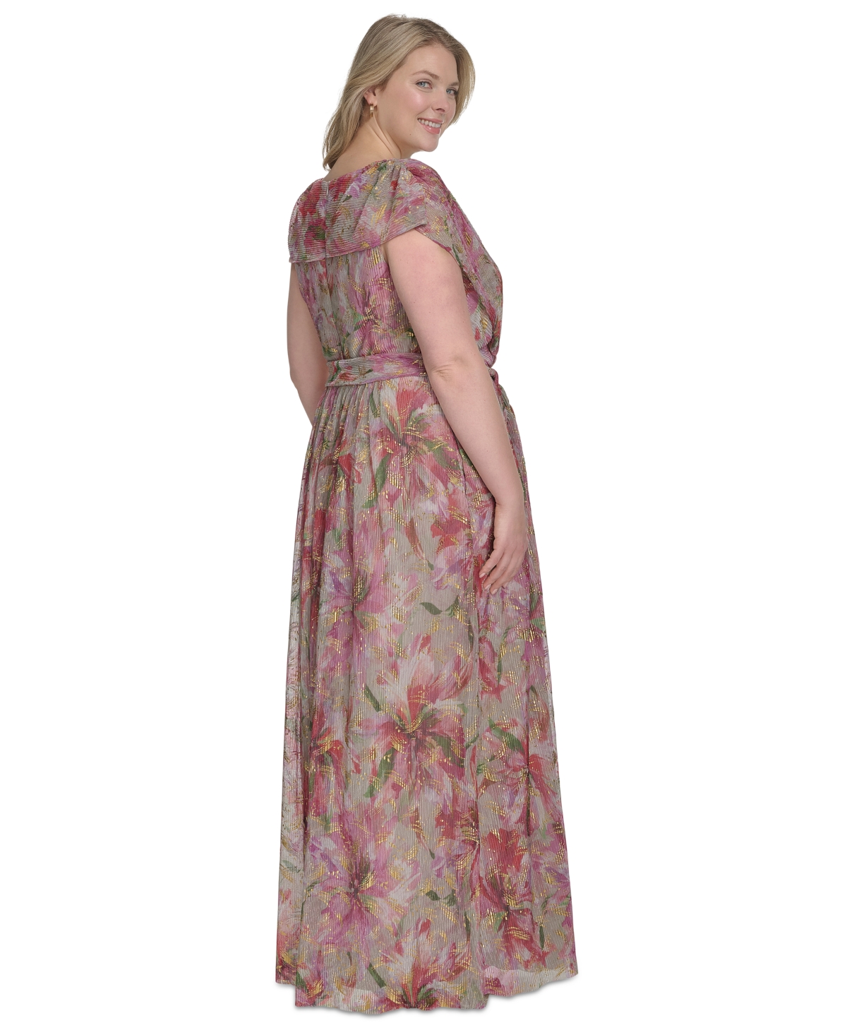 Jessica Howard Plus Size V-neck Shoulder-drape Gown In Poppy Multi