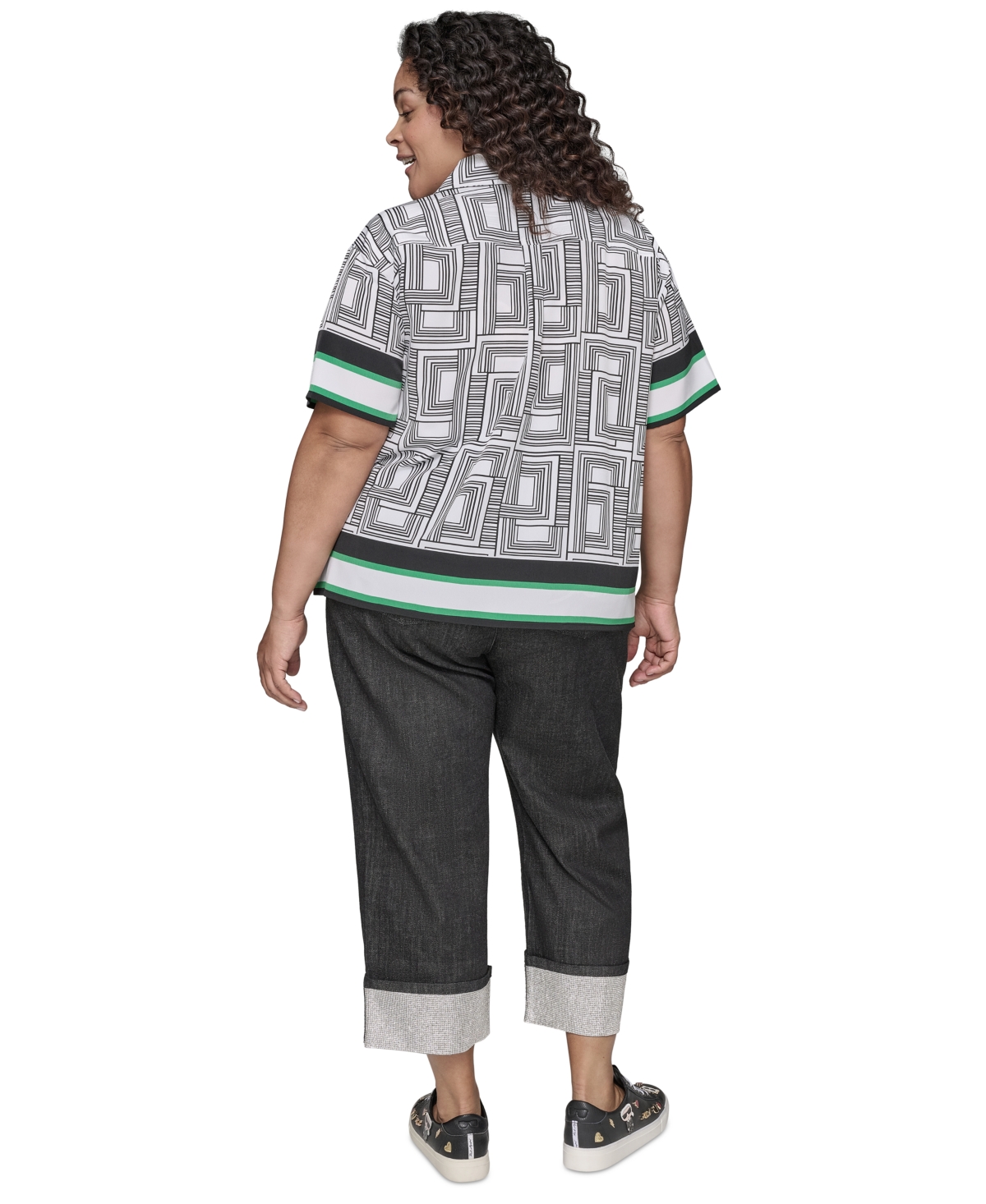 Karl Lagerfeld Plus Size Printed Camp Shirt In Soft White Black Flore Green Combo