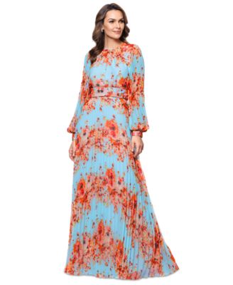 Betsy & Adam - Women's Floral-Print Blouson-Sleeve Pleated Gown