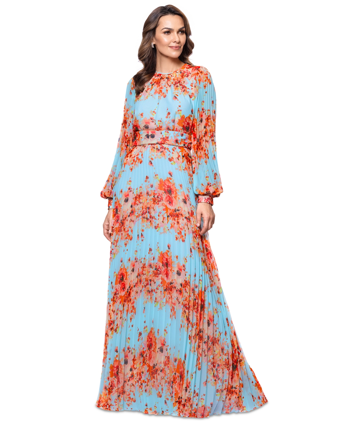 BETSY & ADAM WOMEN'S FLORAL-PRINT BLOUSON-SLEEVE PLEATED GOWN 