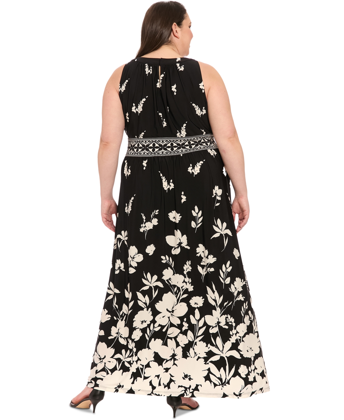 London Times Plus Size Placement- Print Keyhole Maxi Dress
