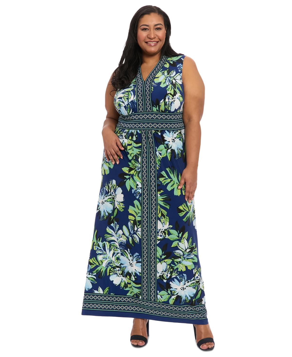 London Times Plus Size Border-print V-neck Maxi Dress