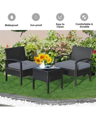 3 Piece Outdoor Patio Rattan Conversation Furniture Set Yard w/ Cushions & Coffee Table