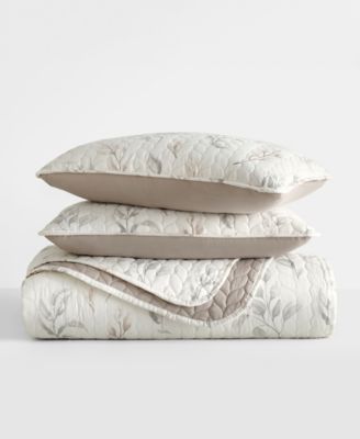 Watercolor Leaves and Stripe Reversible 3-Pc. Lightweight Quilt Set, Full/Queen