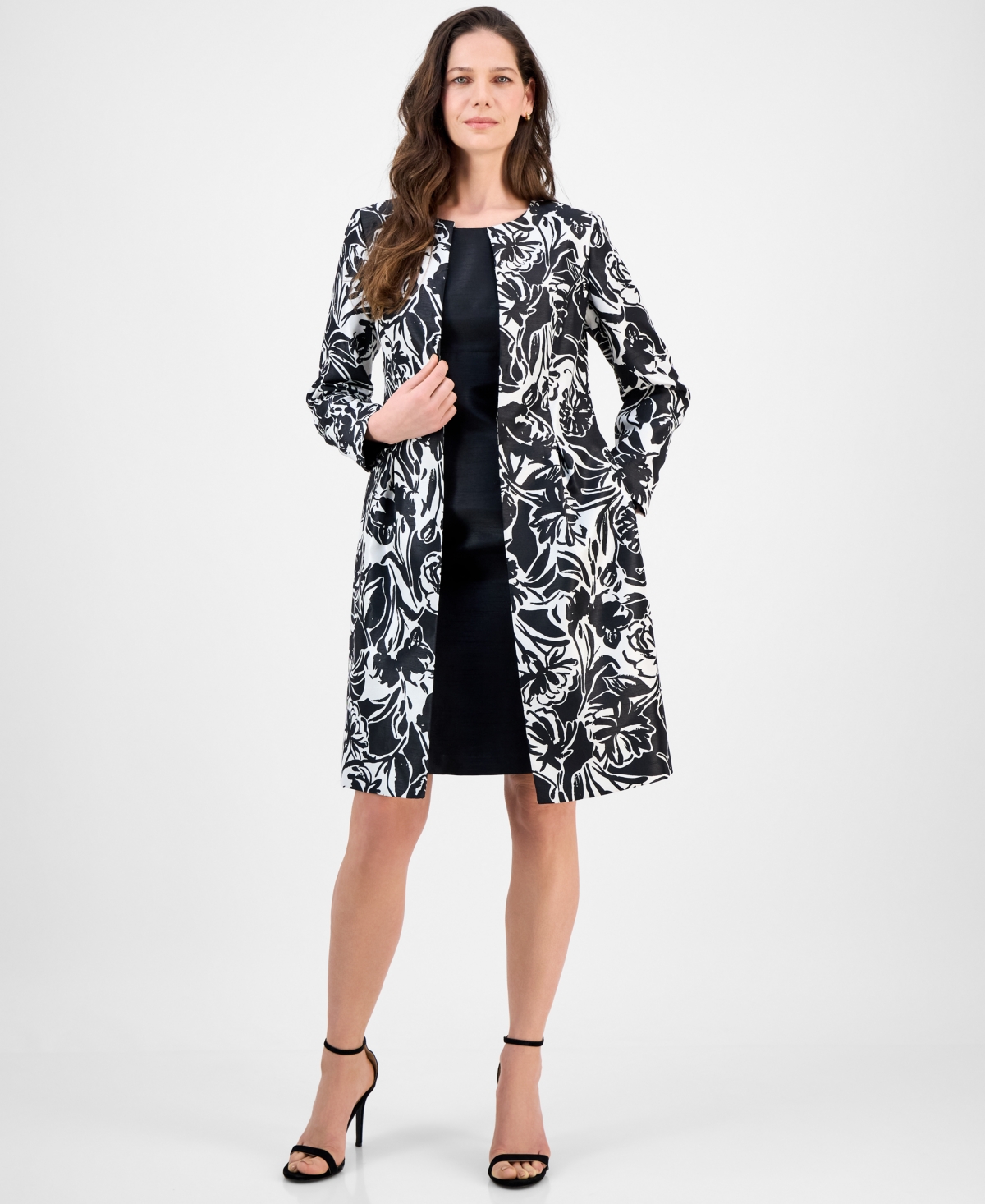 Petite Floral-Print Jewel-Neck Jacket Topper & Empire Seamed Dress - Black/vanilla Ice