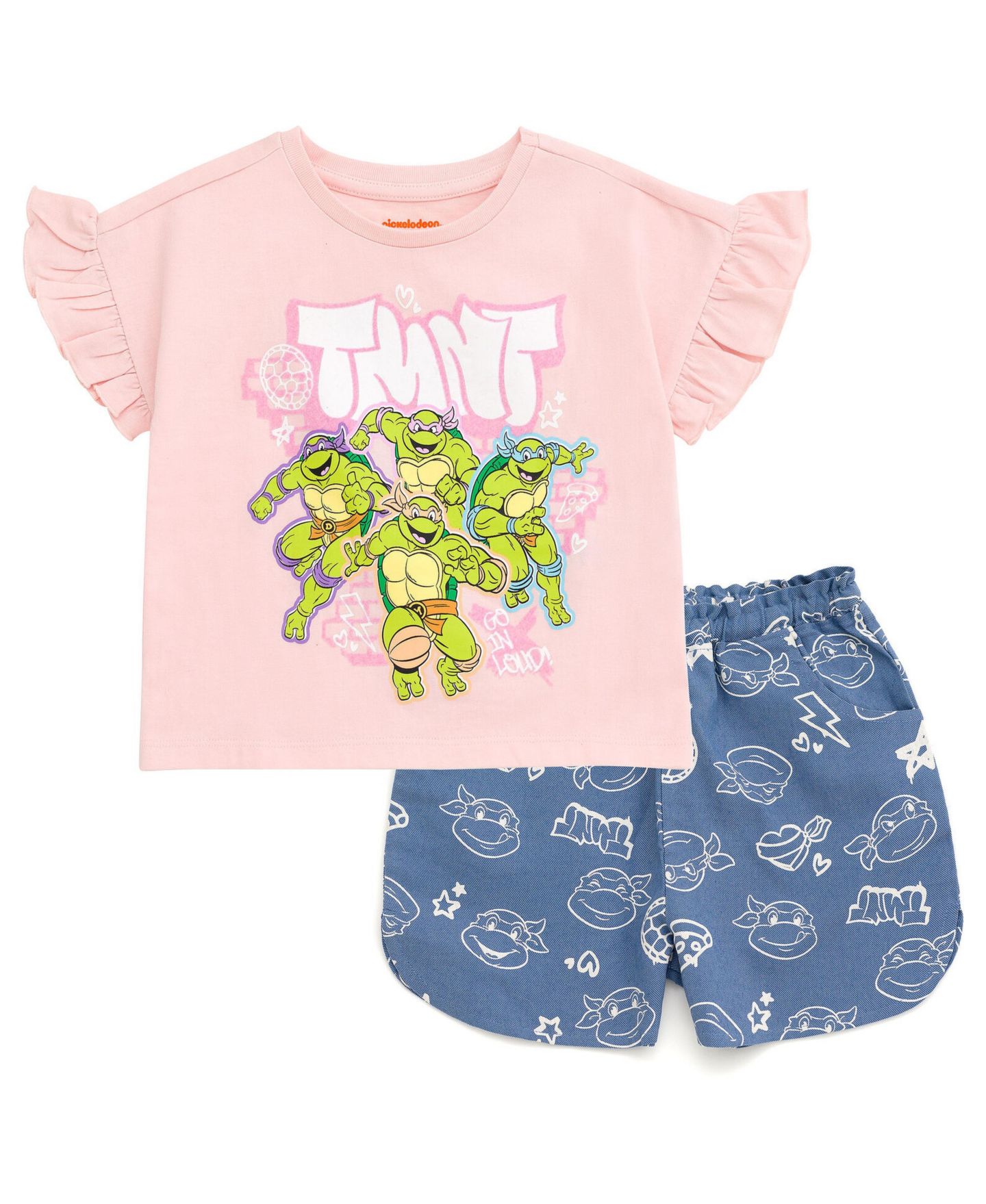 Детский комплект Teenage Mutant Ninja Turtles Little Girls T-Shirt and Chambray Shorts Set, цвет: Розовый синий — фото 1