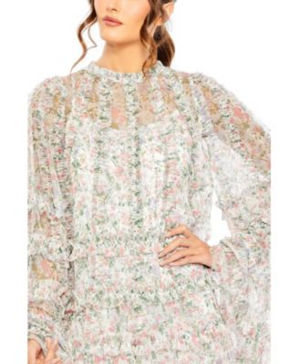 Women's Floral Print Long Flare Sleeve Mesh A-Line Dress