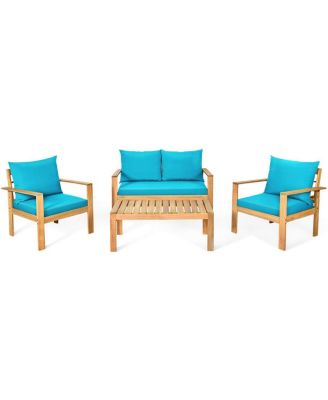 4 Piece Outdoor Furniture Set Patio Acacia Wood Conversation Set w/ Cushions