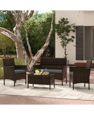 4 PCS Outdoor Wicker Furniture Set  Patio Rattan Conversation Set w/ Chair & Loveseat