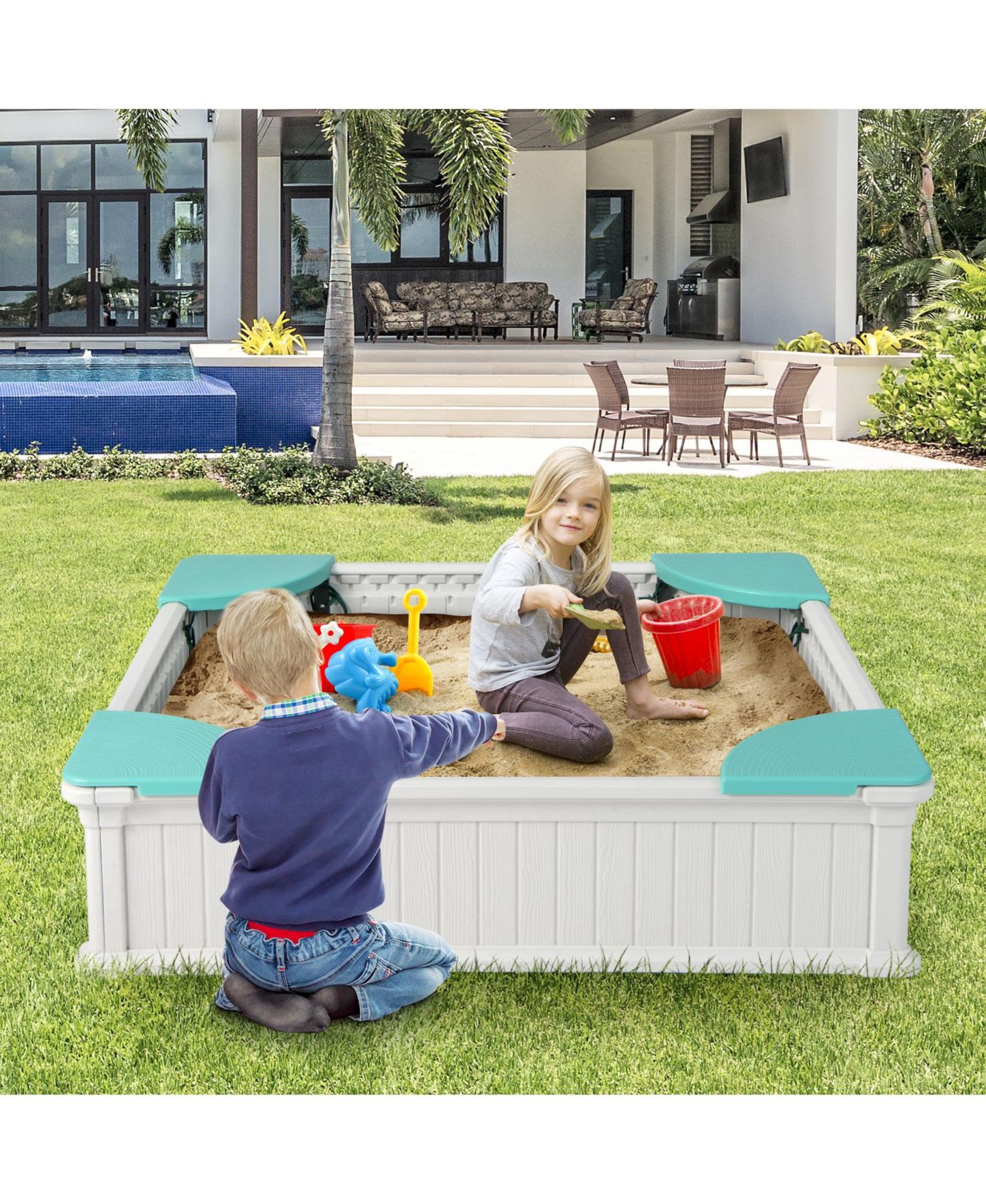 Детская игрушка GOUUN Outdoor Sandbox with Oxford Cover & 4 Corner Seats, Accommodates 2-3 Kids, Ages 3+ — фото 4