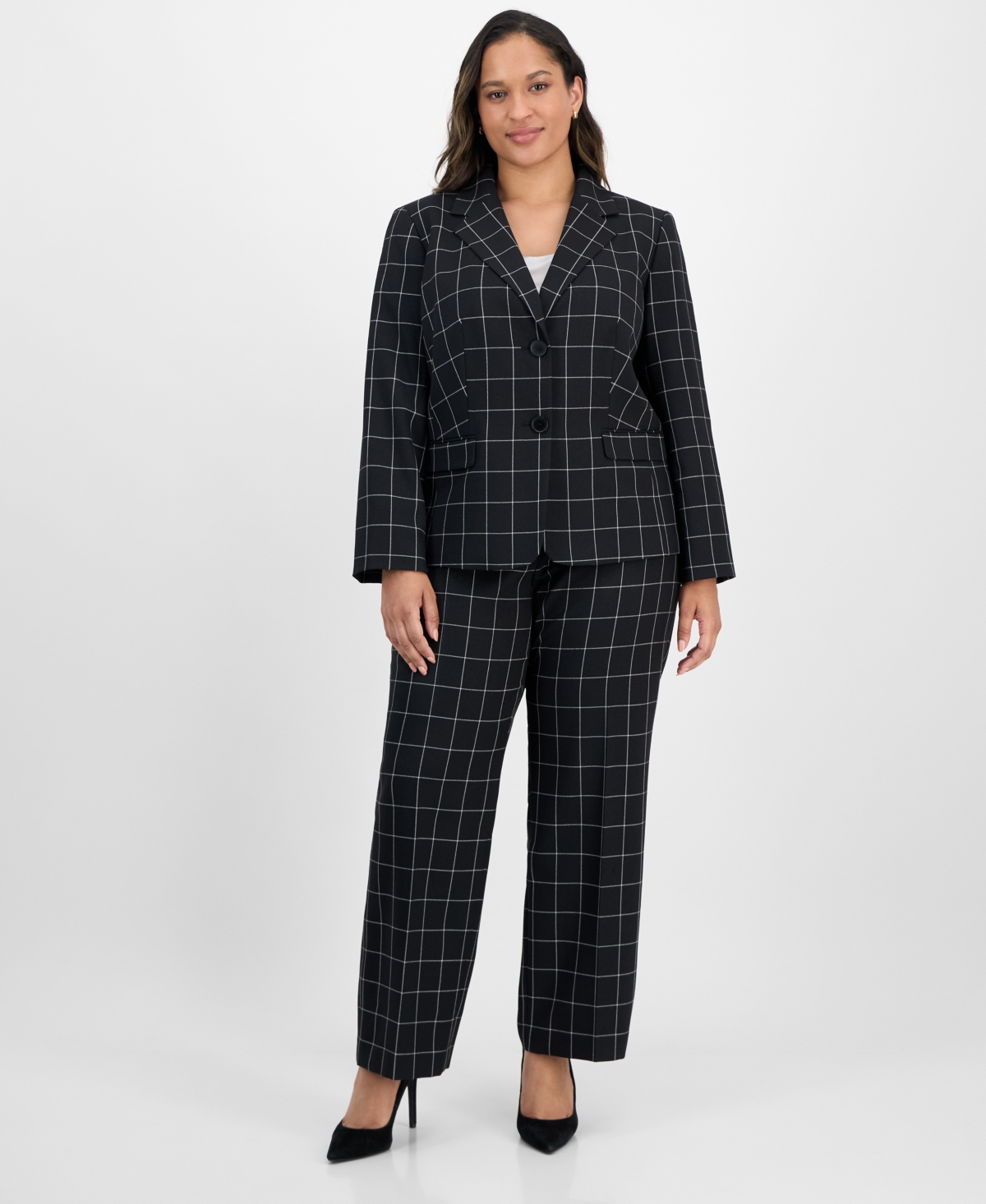 Plus Size Windowpane Check Notch Collar Pantsuit - Black/vanilla Ice