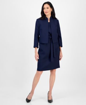 Women's 3/4-Sleeve Jacket And Belted Sheath Dress Suit Set, Regular & Petite 