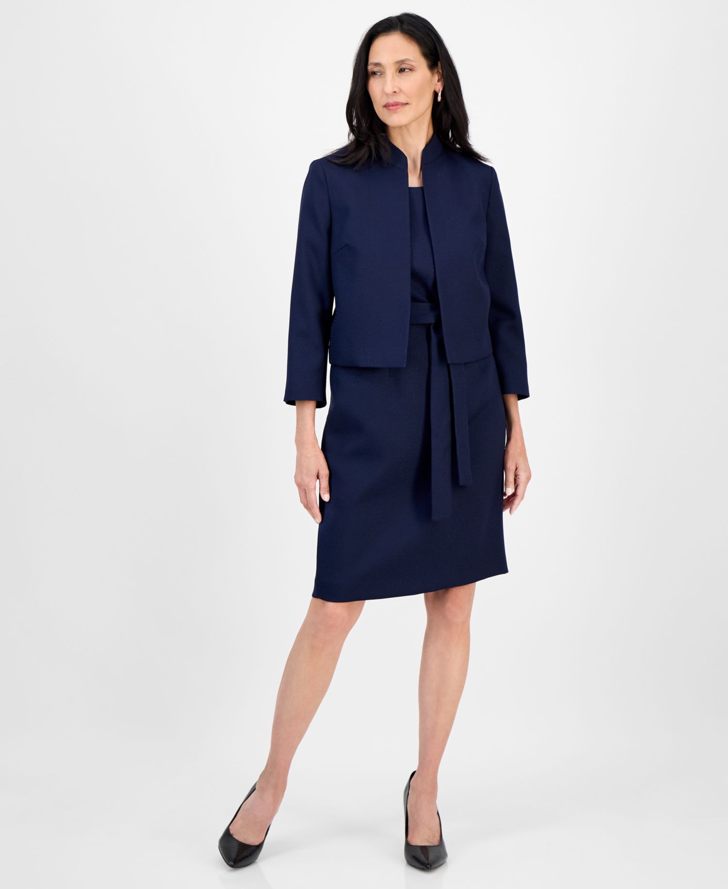 Women's 3/4-Sleeve Jacket And Belted Sheath 2 Piece Dress Suit