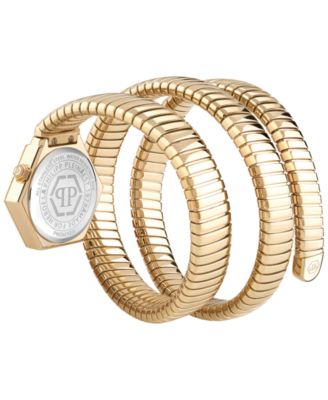 Women's Snake Hexagon Gold Ion Plated Wrap Bracelet Watch 28mm