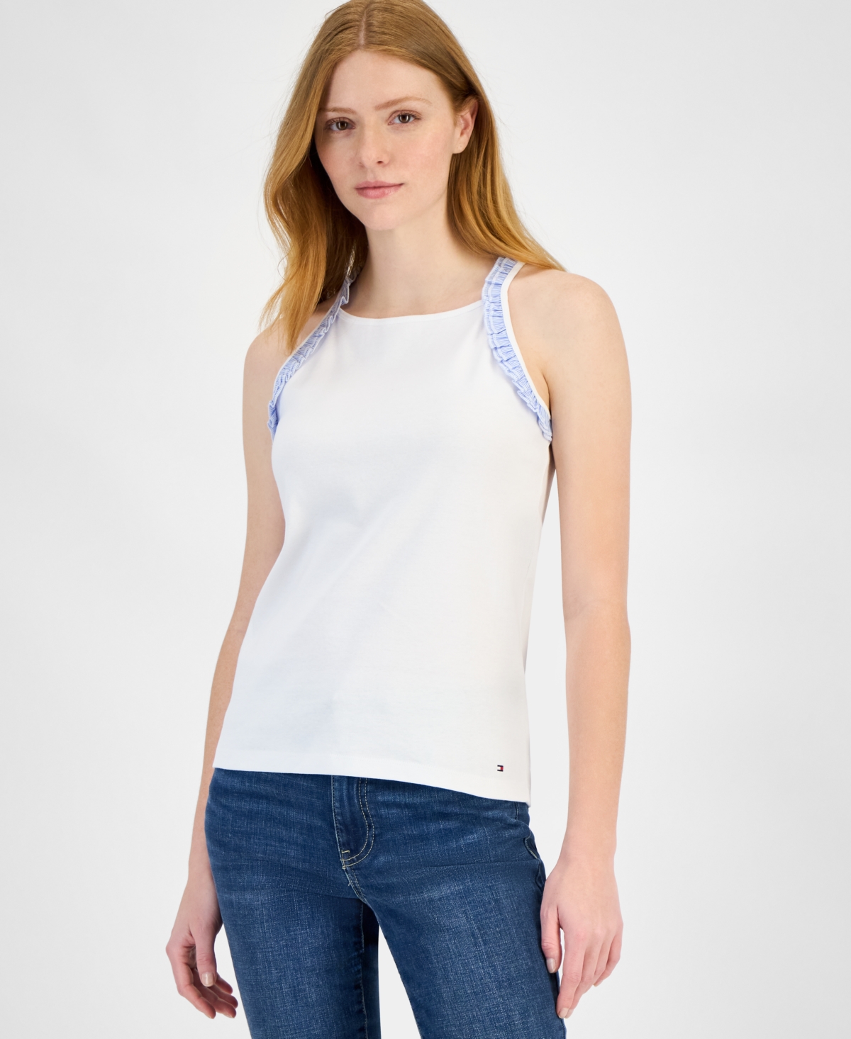 Women's High-Neck Ruffle-Trim Cotton Tank Top - Sky Captain
