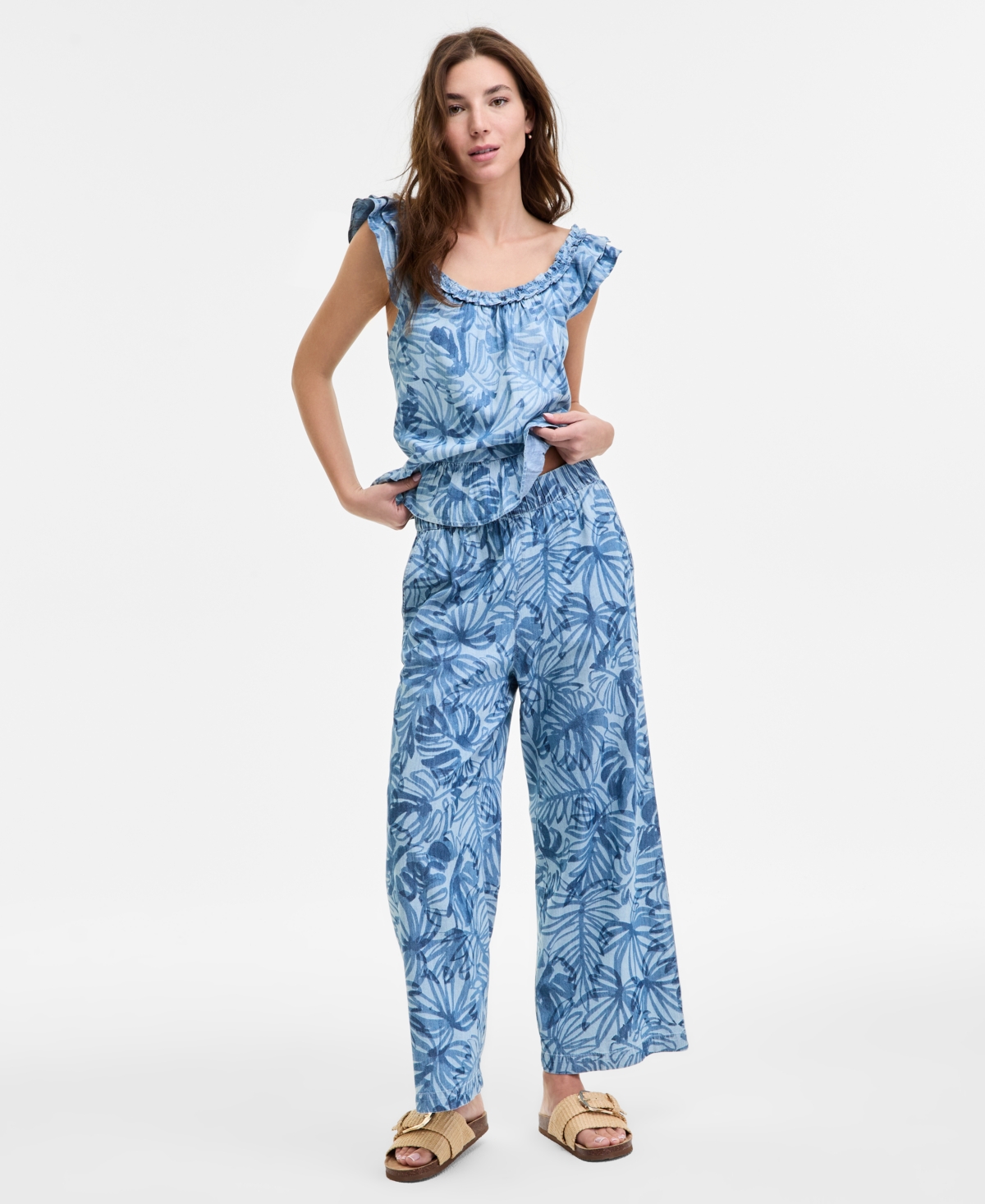 Women's Palm-Print Chambray Pull-On Pants - Sienna Wash