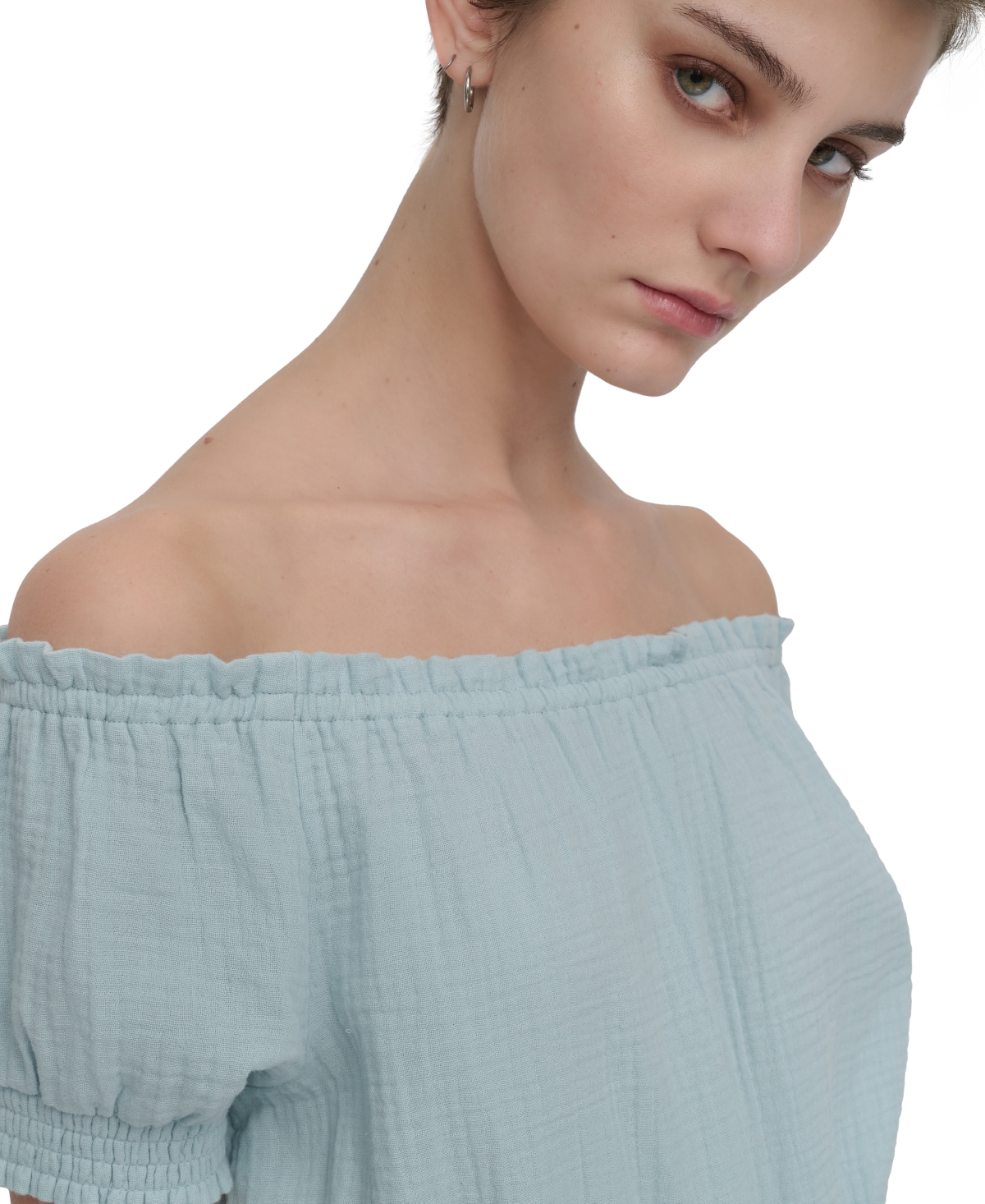 Shop Dkny Jeans Women's Cotton Gauze Off-the-shoulder Top In Mn1 - Mineral