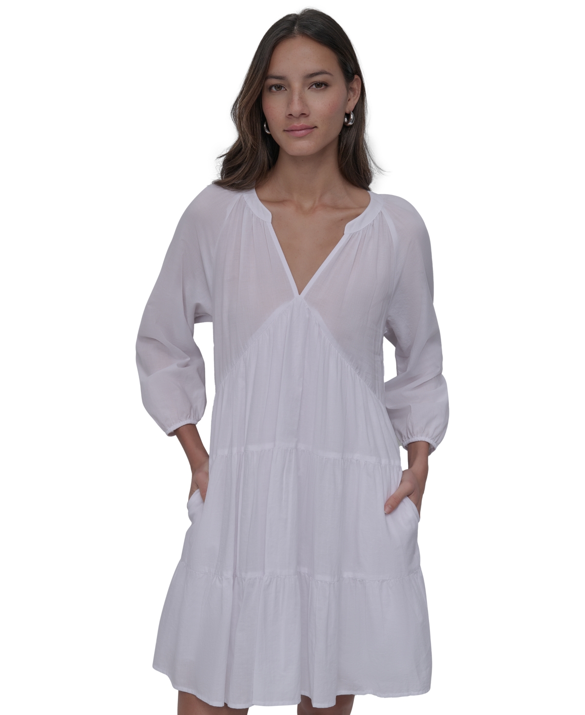 DKNY JEANS WOMEN'S COTTON SPLIT-NECK TIERED DRESS 