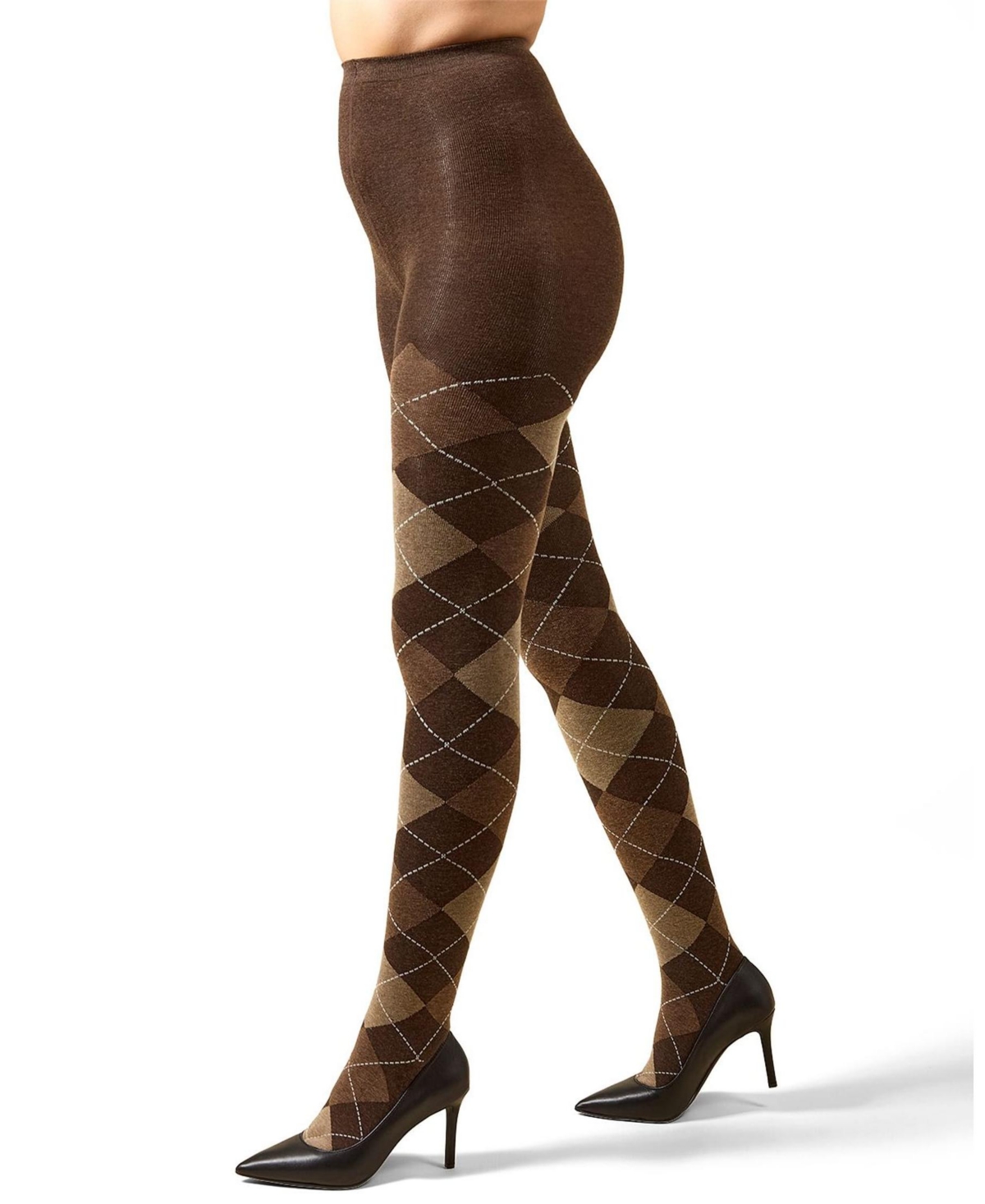 Memoi Women's Textured Argyle Patterned Sweater Tights In Brown Heather