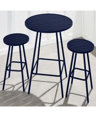 3-Piece Steel Patio Bar Height Round Bistro Set w/ Backless Stools, Slatted Design