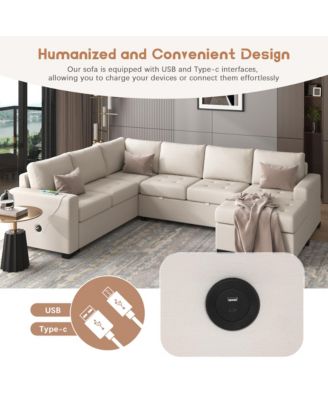 3-Piece Fabric Sectional Sofa – Pull-out Sleeper Bed, Lounge Chair, USB & Type-C Ports – Living Room/Office Furniture