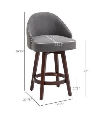 26" Counter Height Bar Stools, Linen Fabric Kitchen Stools with Nailhead Trim, Rubber Wood Legs and Footrest for Dining Room, Counter, Pub, Set of 2, Dark Gray