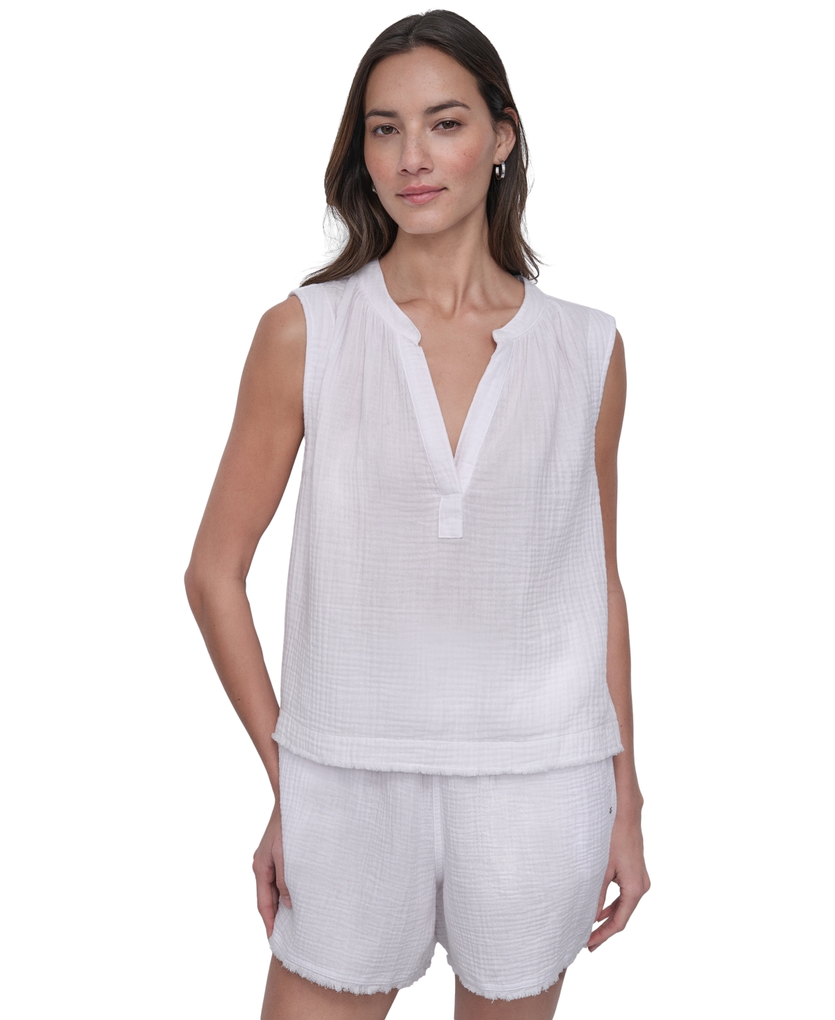 DKNY JEANS WOMEN'S SLEEVELESS DOUBLE-CREPE GAUZE CROP TOP 