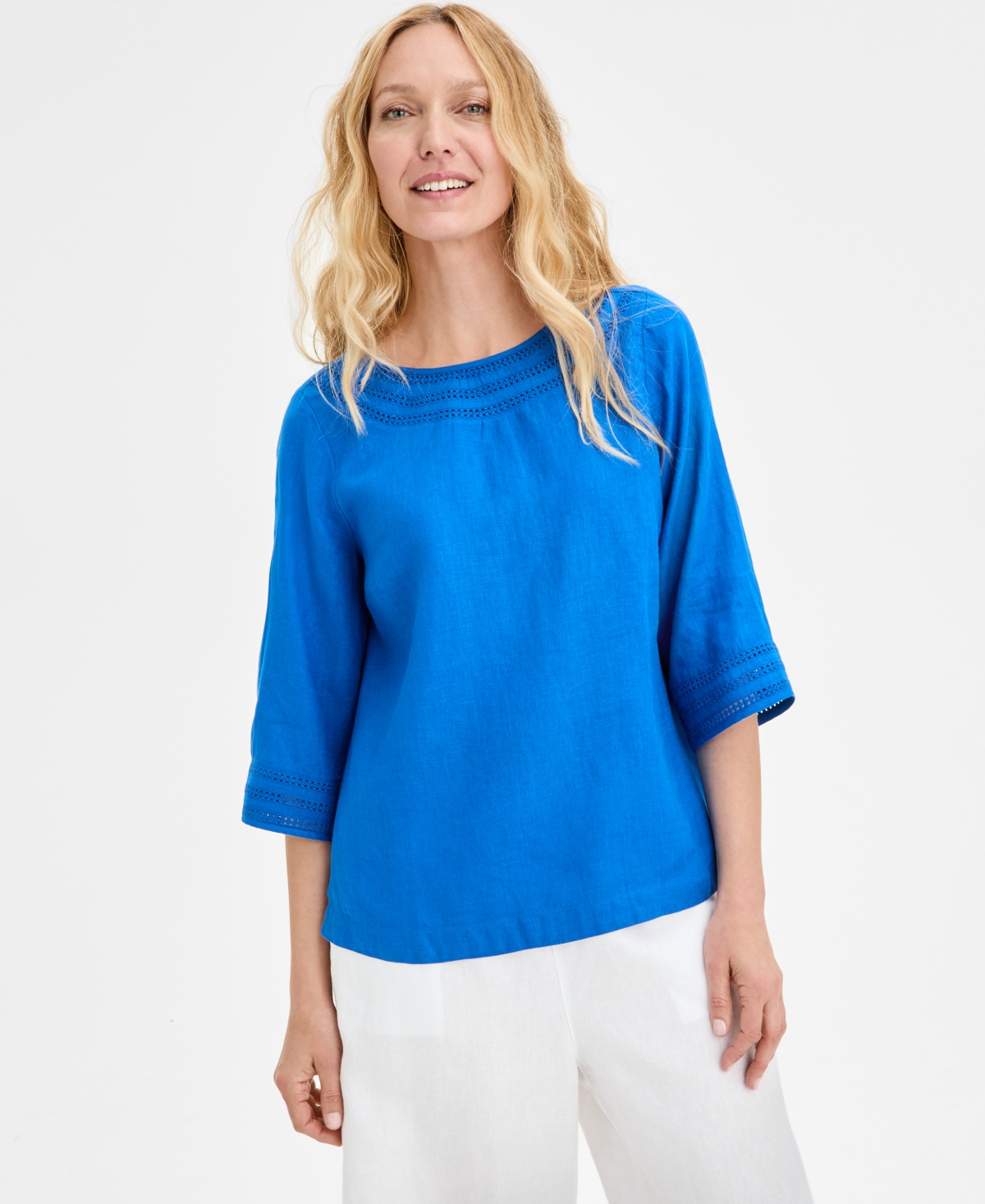 Women's 3/4-Sleeve 100% Linen Blouse, Exclusively at Macy's - Vibrant Blue