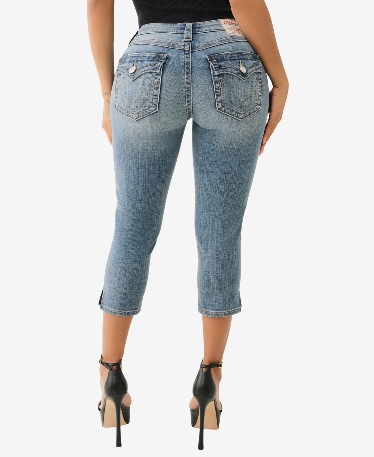 TRUE RELIGION WOMEN'S JENNIE MID RISE FLAP CAPRI JEANS 