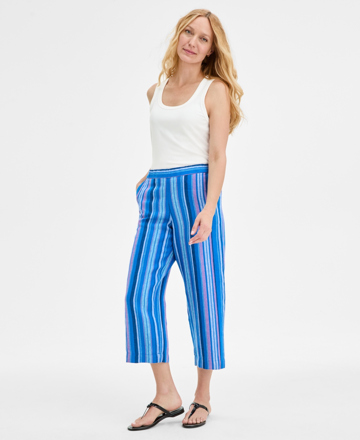 Women's Striped 100% Linen Cropped Pants, Exclusively at Macy's - Bright White