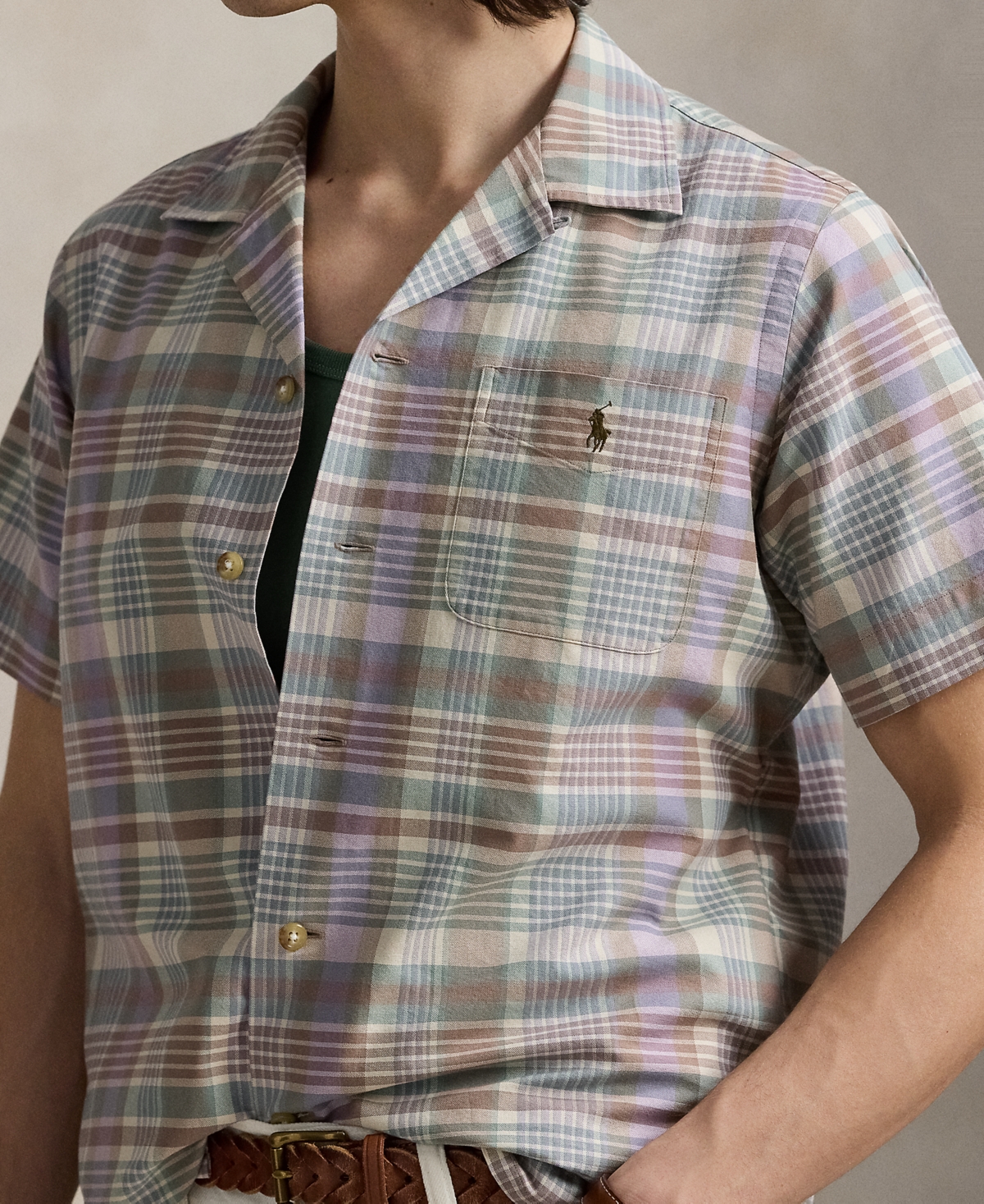 Polo Ralph Lauren Mens 6815 Khaki Green Multi Check-print Short-sleeves Cotton-poplin Shirt Xxl