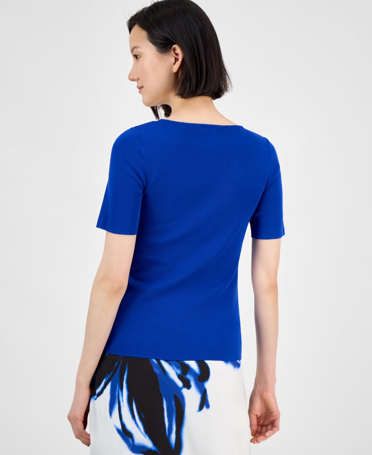Anne Klein Petite Square-neck Short-sleeve Sweater In Santorini Blue