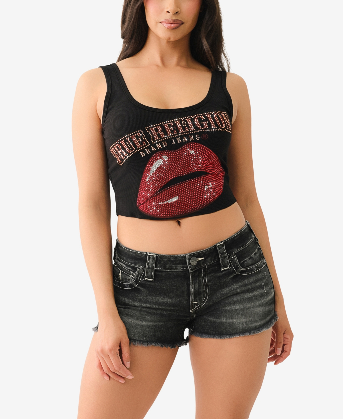 TRUE RELIGION WOMEN'S CRYSTAL LIPS RAW HEM SCOOP NECKLINE TANK T-SHIRT 