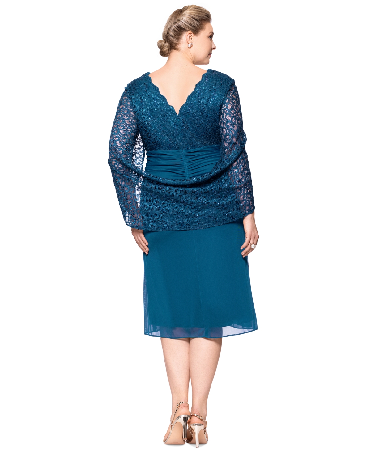 BETSY & ADAM BETSY & ADAM PLUS SIZE LACE DRAPED-BACK SHEATH DRESS 