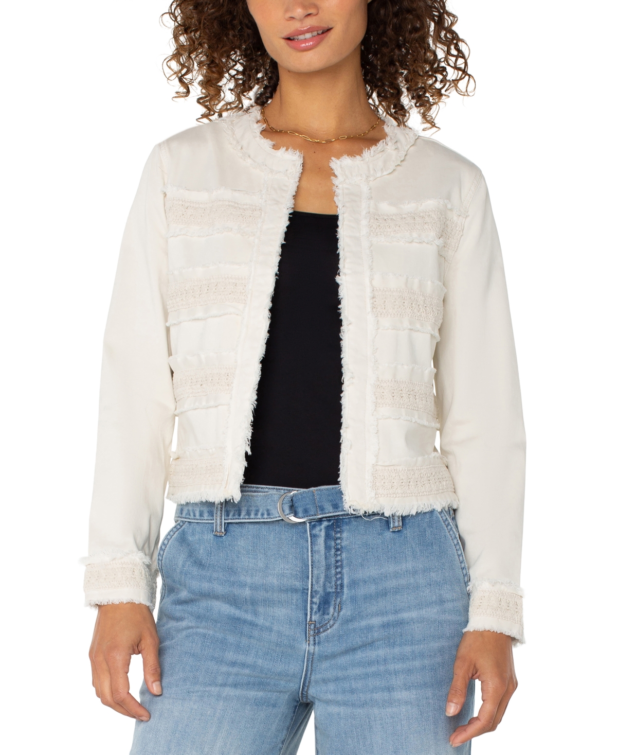 Women's Collarless Jacket with Fray and Lace Detail - Bone