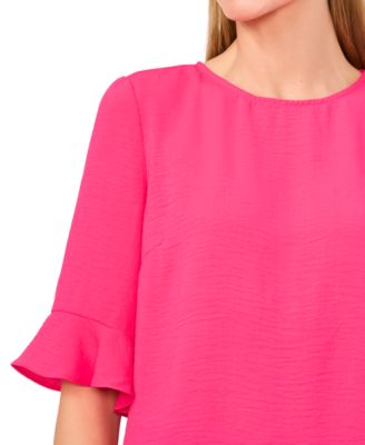 Women's Crew Neck Ruffled-Cuff Elbow-Sleeve Rumple Blouse