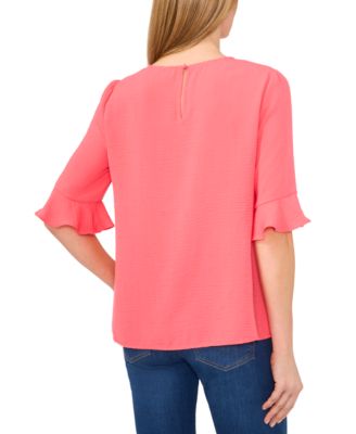 Women's Textured Ruffled-Cuff 3/4-Sleeve Crew Neck Blouse