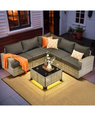 Outdoor Patio Furniture Set,6 Pieces Rattan Sectional Patio Furniture Set,Outside Coversation Set with Extra Deep Outdoor Sofa Couch and Solar Coffee Table for Porch Balcony Backyard Deck Poolside