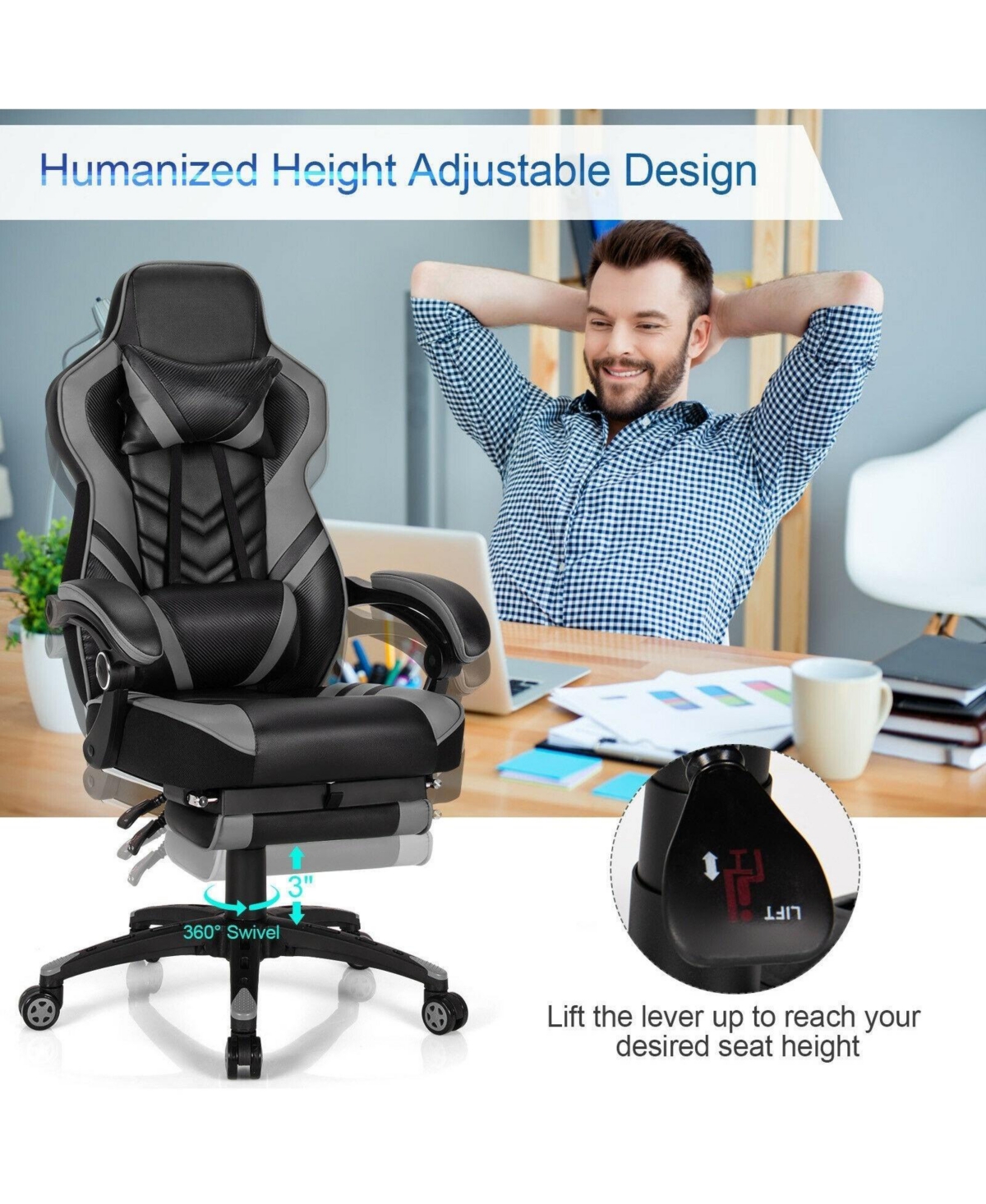 Adjustable Gaming Chair with Footrest for Home Office
