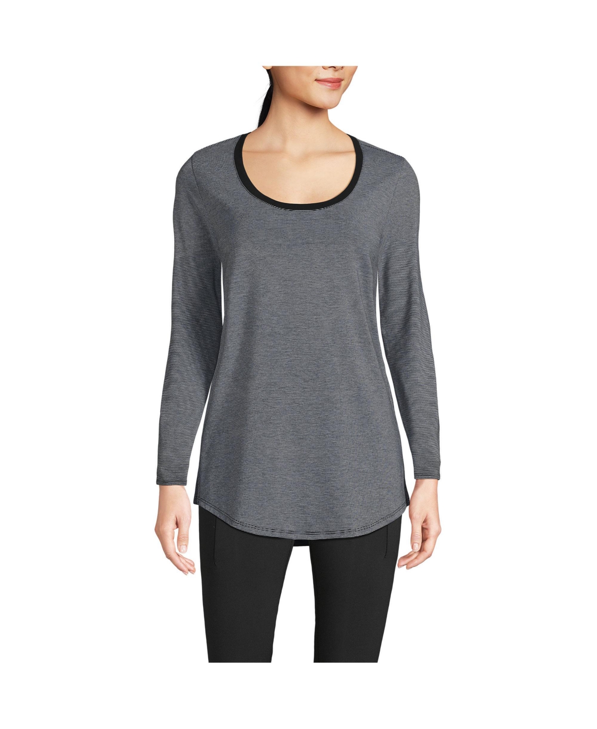 Petite Long Sleeve Power Performance Scoop Neck Curved Hem Tunic Tee - Black pinstripe